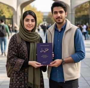 دانشجویان حقوق ایرانی با تیپ رسمی در حال نشان دادن کتاب تست مدنی مجید قربانی